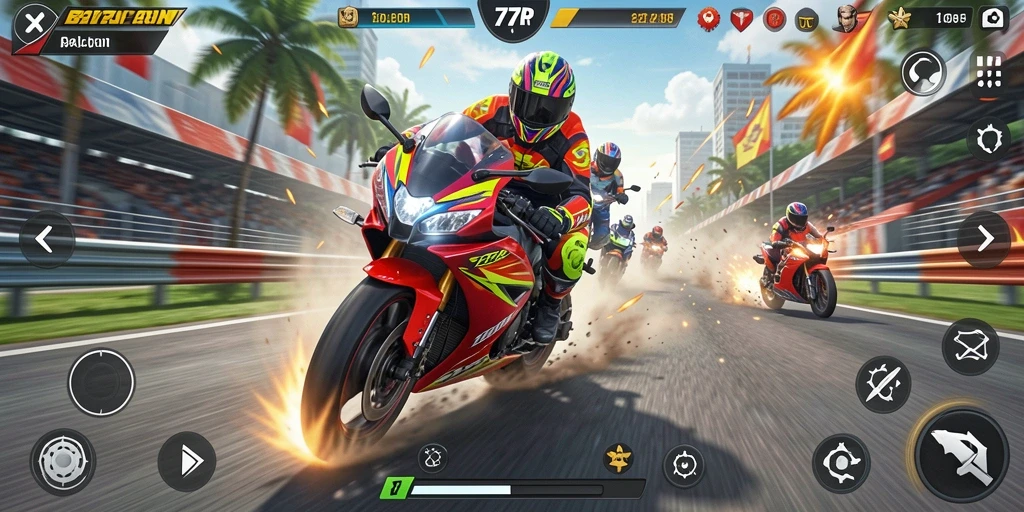 Screenshot 77RP menampilkan balapan motor yang seru dan mendebarkan.