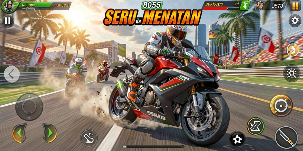 Screenshot gameplay 8055, menunjukkan balapan motor yang mendebarkan.