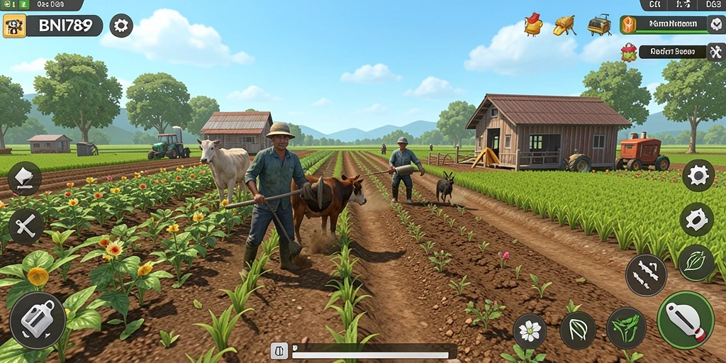 Screenshot BNI789 menampilkan pemain merawat kebun dengan tanaman subur.