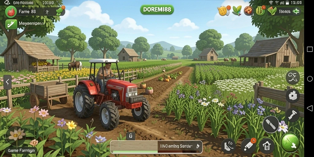 Screenshot gameplay DOREMI88 yang menunjukkan aktivitas bertani dengan interaksi sosial.