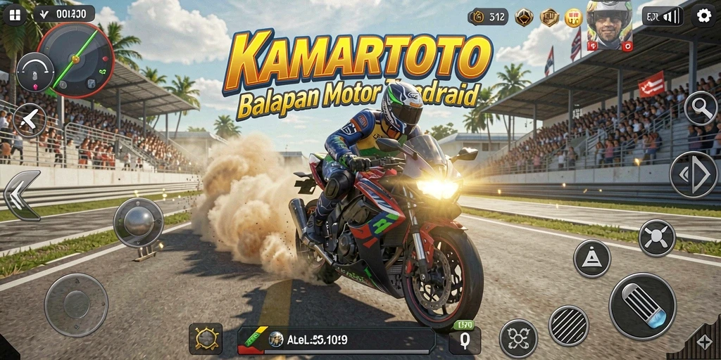 Tampilan gameplay KAMARTOTO yang memukau dalam balapan motor.